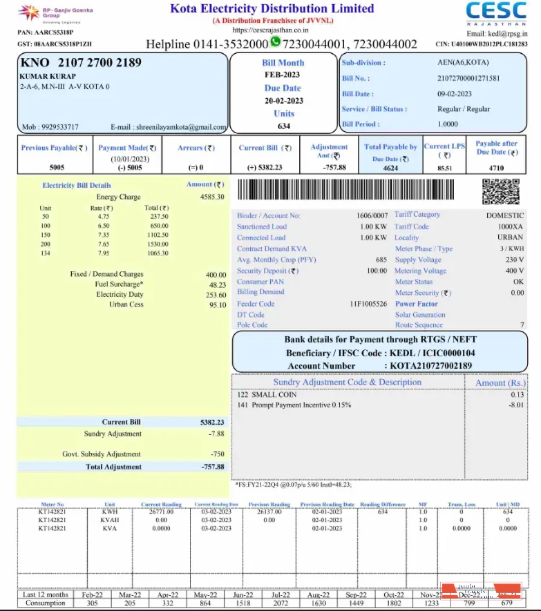 INDIA KOTA ELECTRICITY utiity bill Word and PDF template
